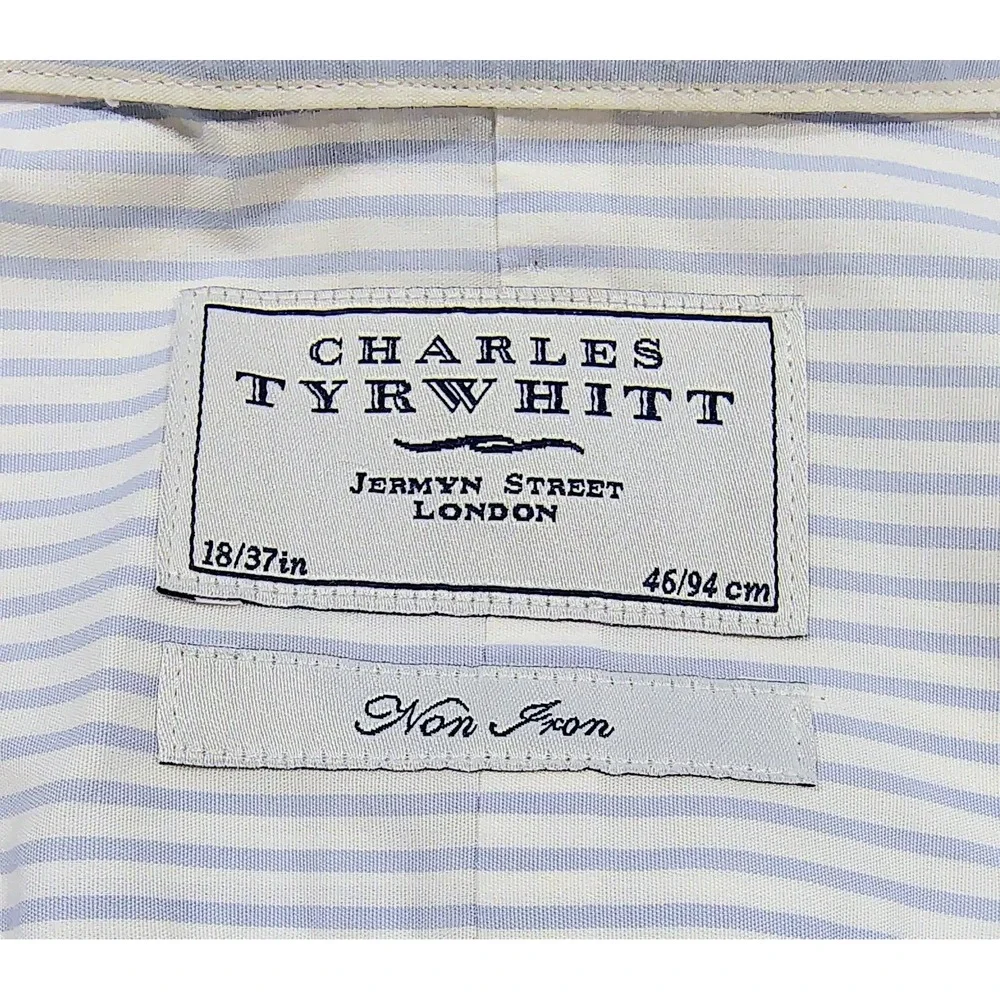 Charles Tyrwhitt Men's Dress Shirt Non-Iron Size 18 / 37 Blue Striped Cotton